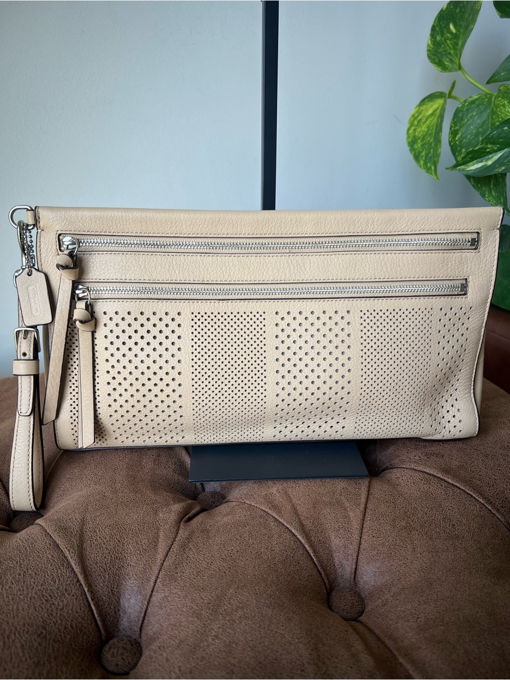 Coach Bleecker Perforated Leather in Beige Wristlet Clutch